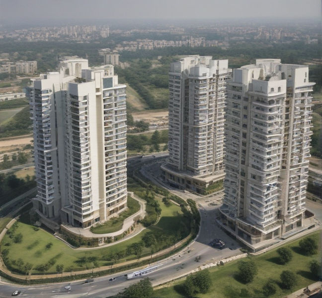 A modern cityscape view of Aerocity, Mohali, showcasing real estate development, legal documentation, and property investment opportunities amidst urban infrastructure and residential buildings.